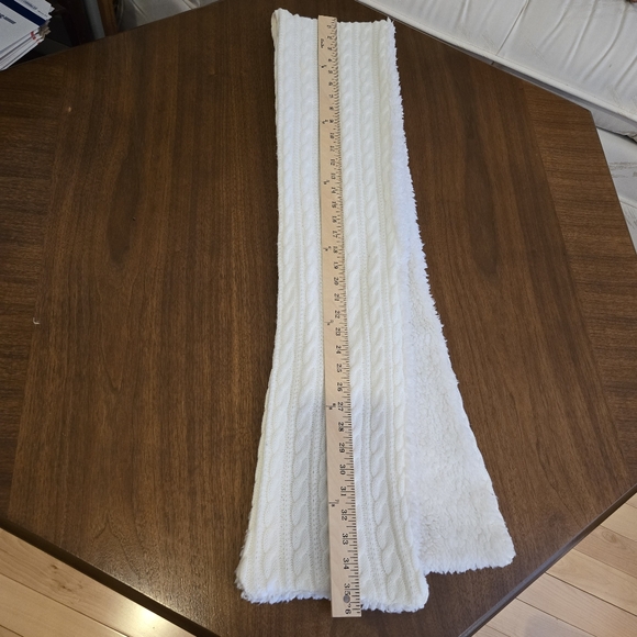 White Reversible Winter Scarf, Side 1 - Cable Knit, Side 2 - Fleece, 72" Length - Picture 10 of 11
